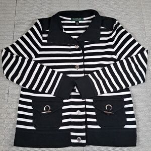 Lauren Ralph Lauren Black White Striped Cardigan Toggles  Logo Buttons PS  READ
